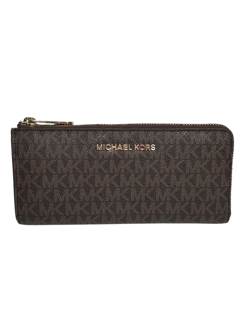 Michael Kors Wallet Brown Signature Jet Set Large Logo Quarter Zip Red Interior